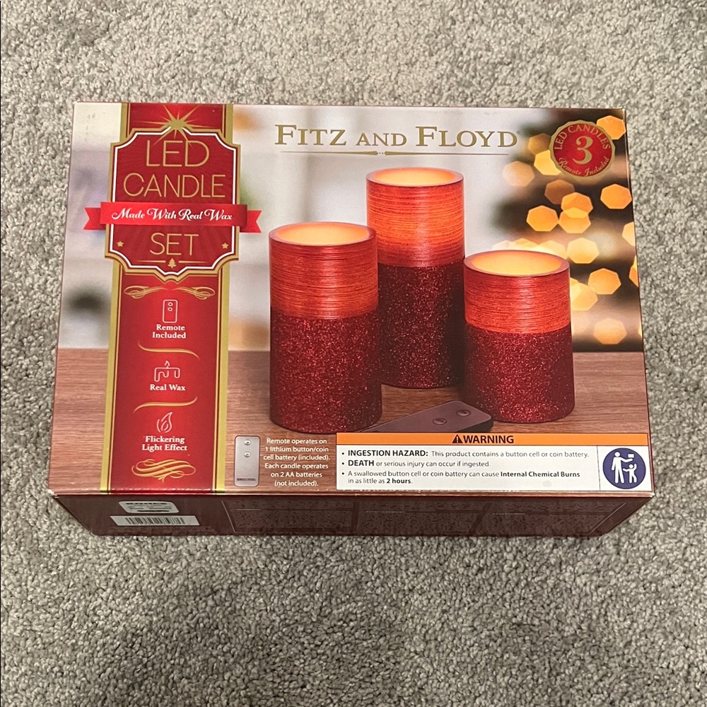 Fitz and Floyd Sparkling Red LED Candle Set NWT NIB